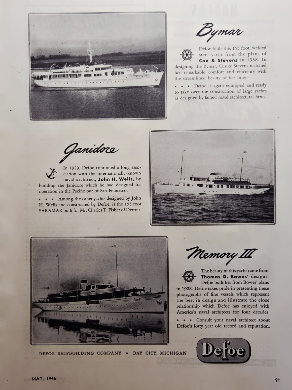 1946 Defoe Shipbuilding Co Print Ad - Bay City MI Large Yachts 155\' 153\' 