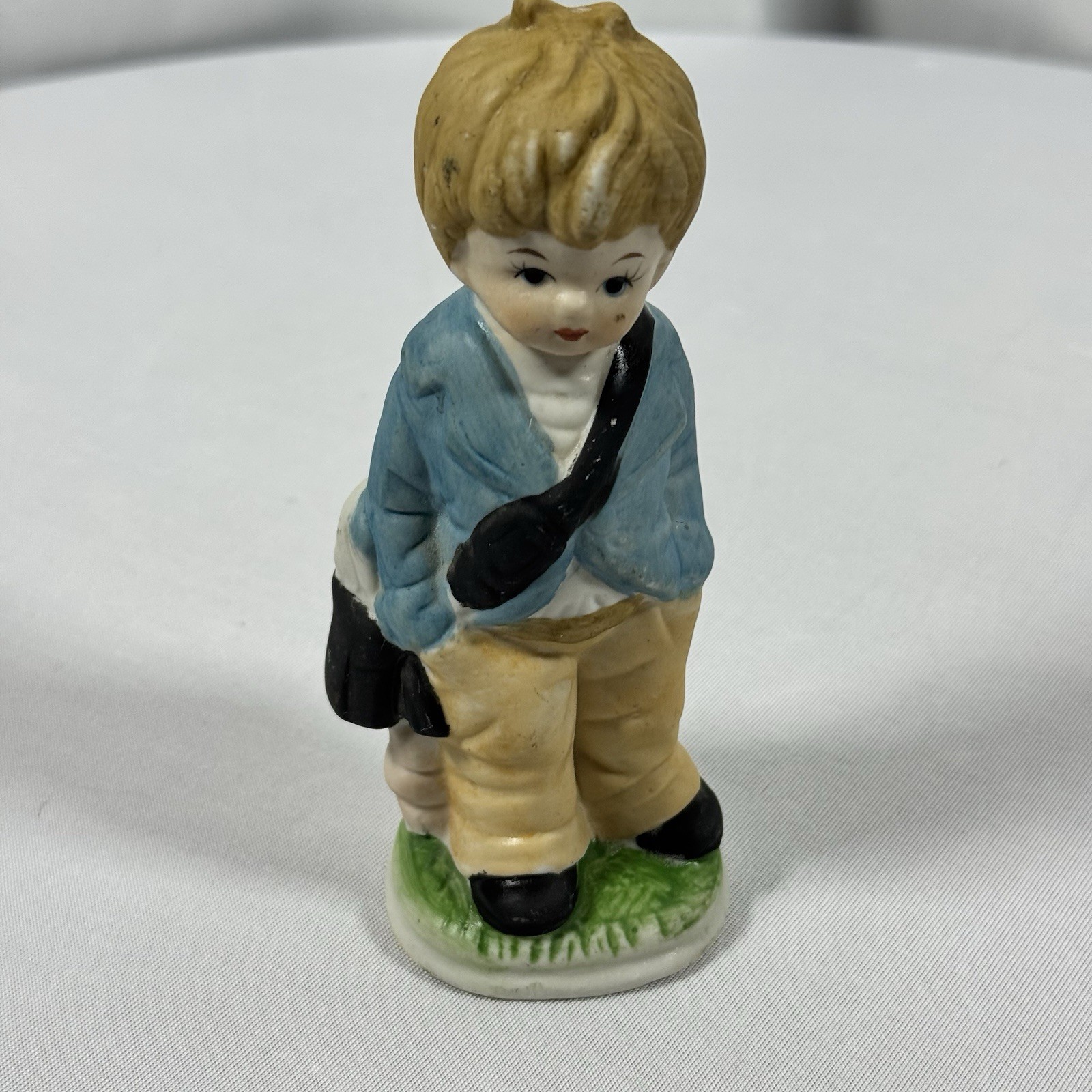 Vintage Porcelain Schoolboy Figurine Blue Jacket Satchel Made in Taiwan