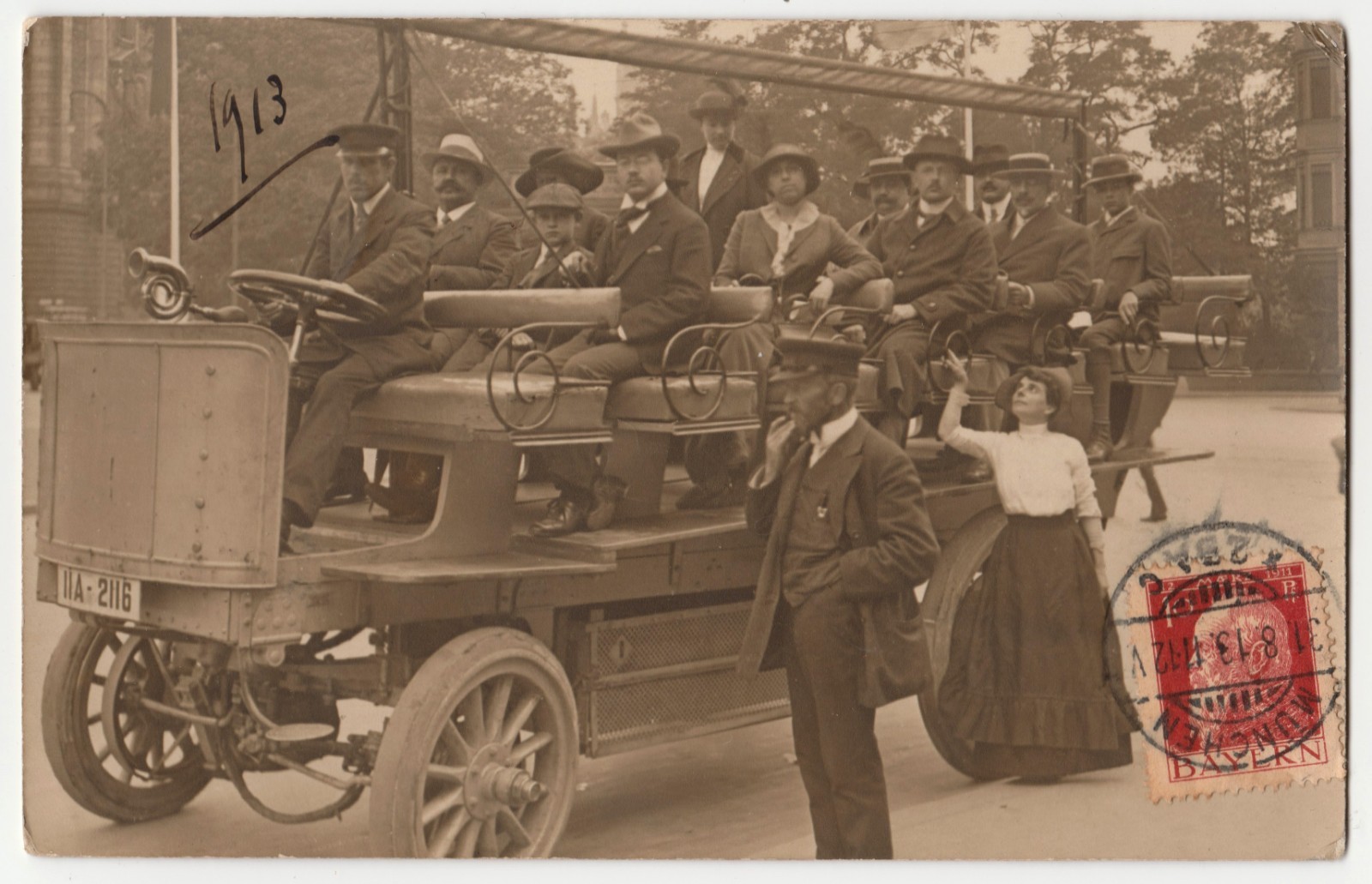 1913 Munich Open Sightseeing Bus Tourists Early Motor Coach RPPC Germany
