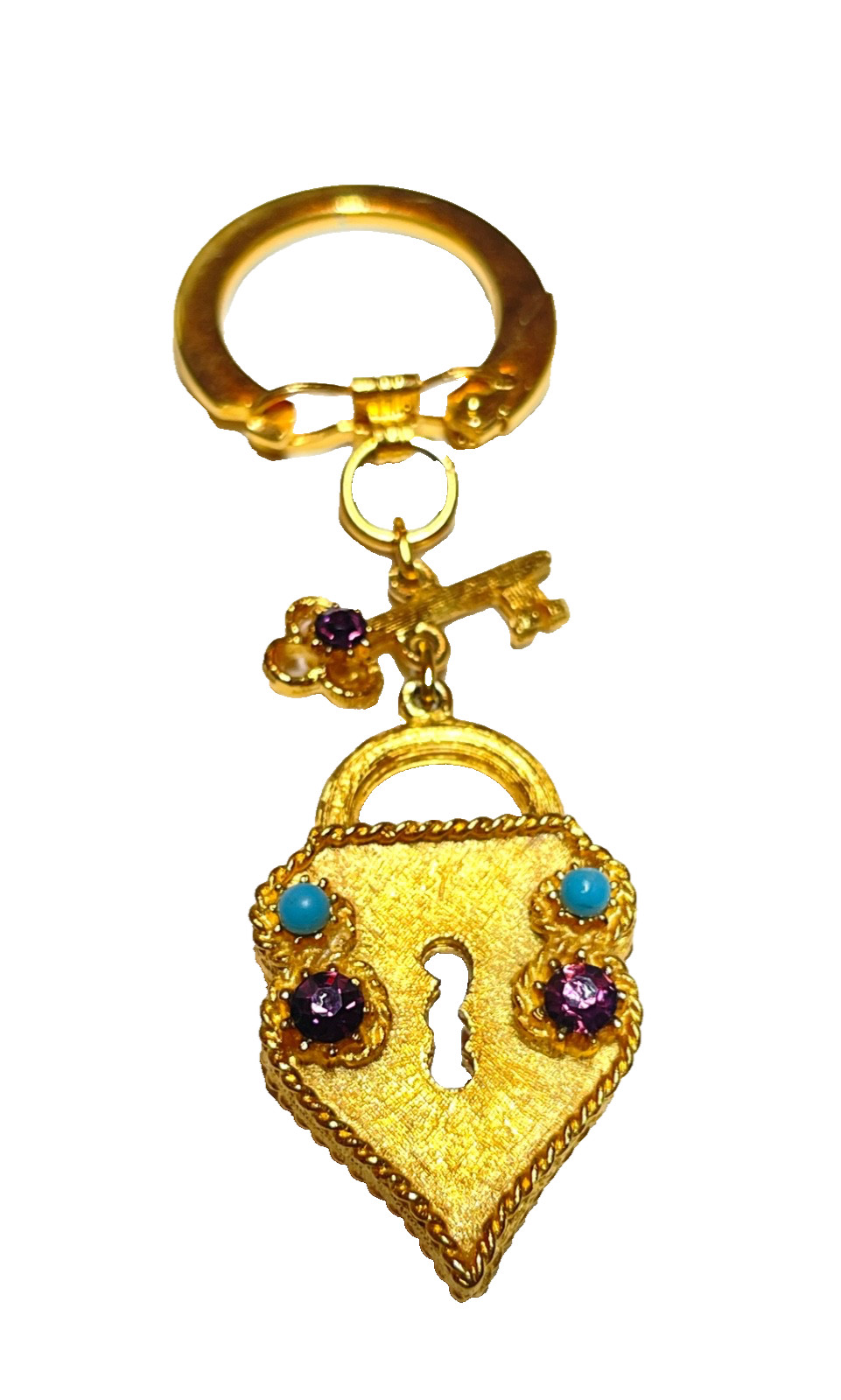 Vintage Rare Florenza Signed Heart & Key Lock Keychain