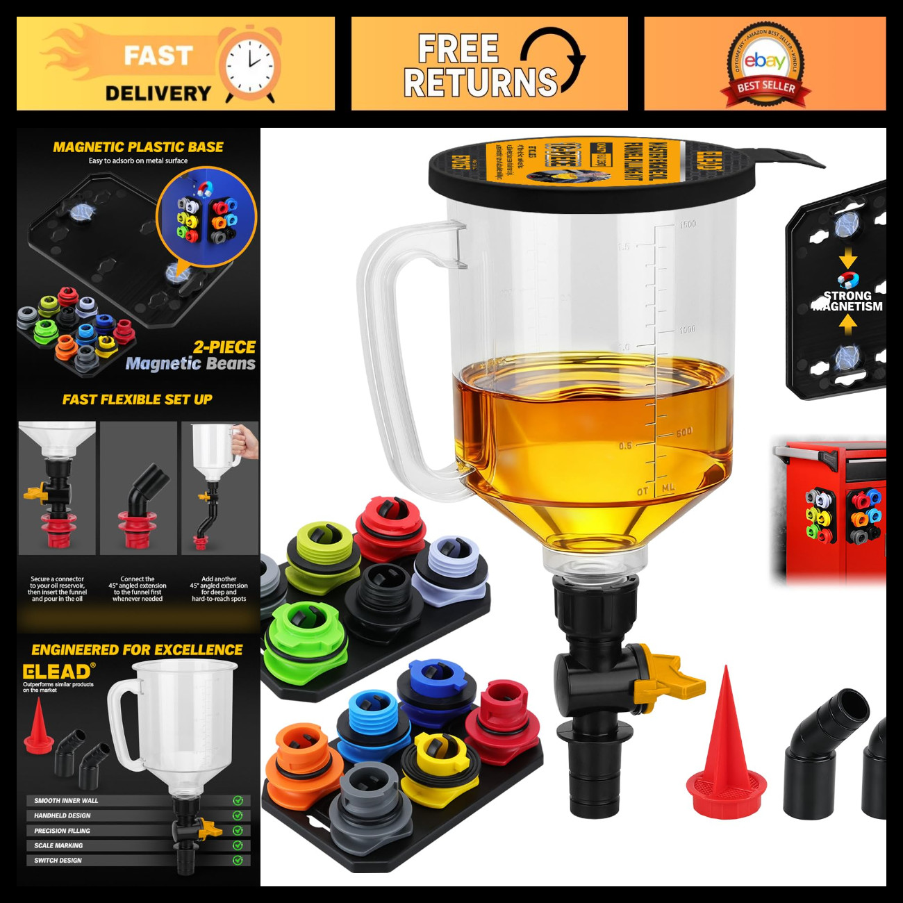 18-Piece No Spill Oil Funnel Kit with 12 Adapters, Magnetic Tray & Elbow Fitting 18-Piece No Spill Oil Funnel Kit with 12 Adapters, Magnetic Tray & Elbow Fitting