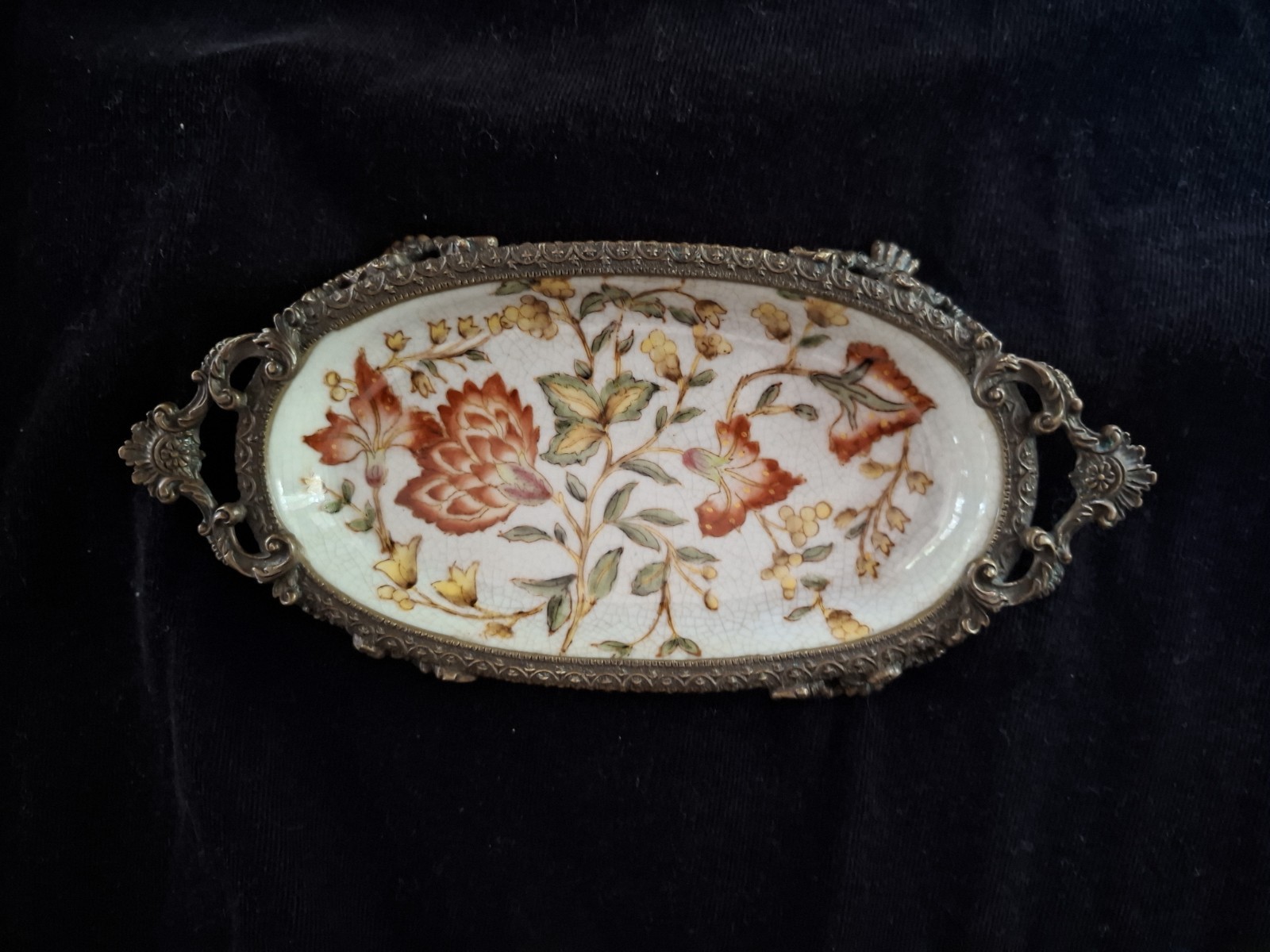 Vintage Chinoiserie Floral Porcelain Tray with Ornate Brass Feet & Handles
