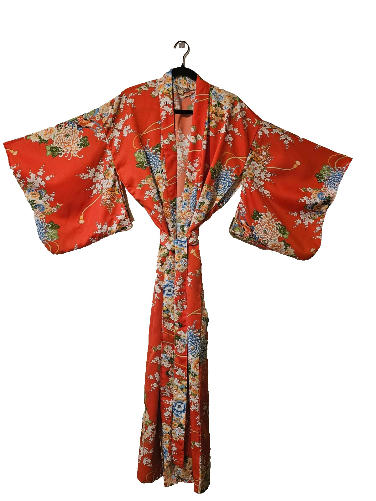Vtg Authentic Japanese Kimono Robe w/ Belt Floral Polyester Purchased in Japan