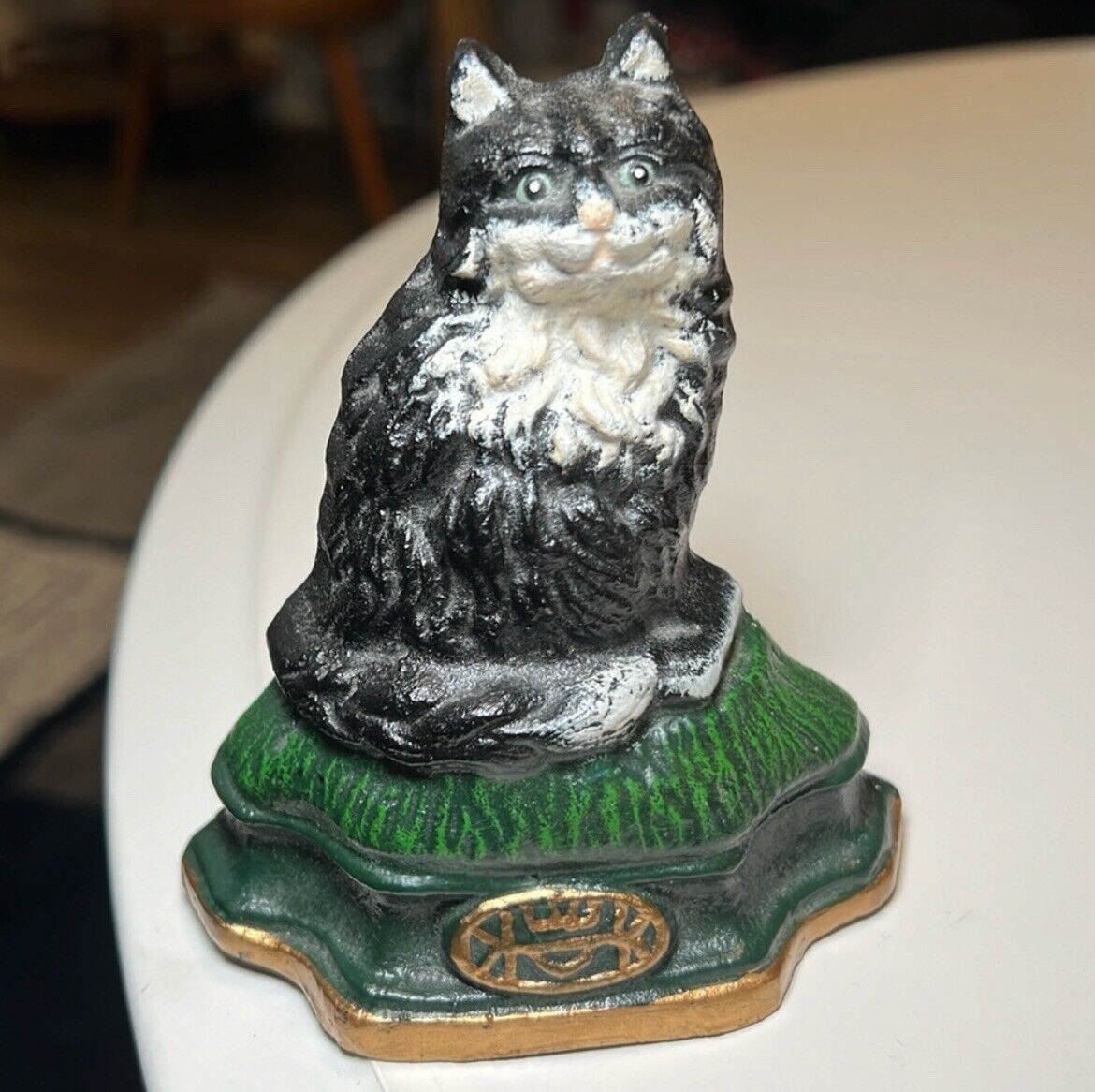 Unmarked Heavy Cast Iron Lounging Persian Black Cat Doorstop Fluffy Cat Bookend