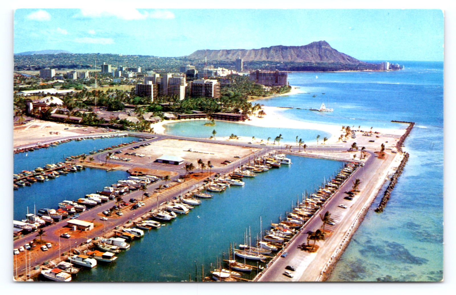 c1968 Honolulu Yacht Harbor & Waikiki Skyline Diamond Head HI Postcard