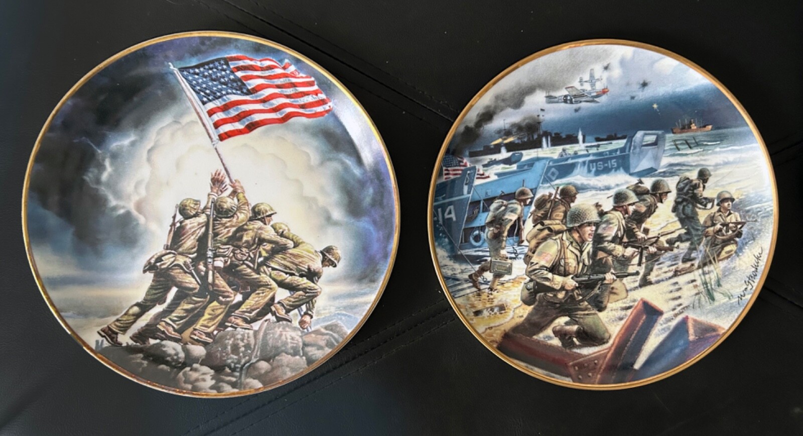 Set of 2 Franklin Mint Fine Porcelain Collector Plates, Iwo Jima & Normandy