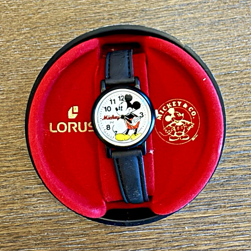 Lorus Disney Mickey Mouse Wristwatch Black Strap with Mickey Head Tin Case