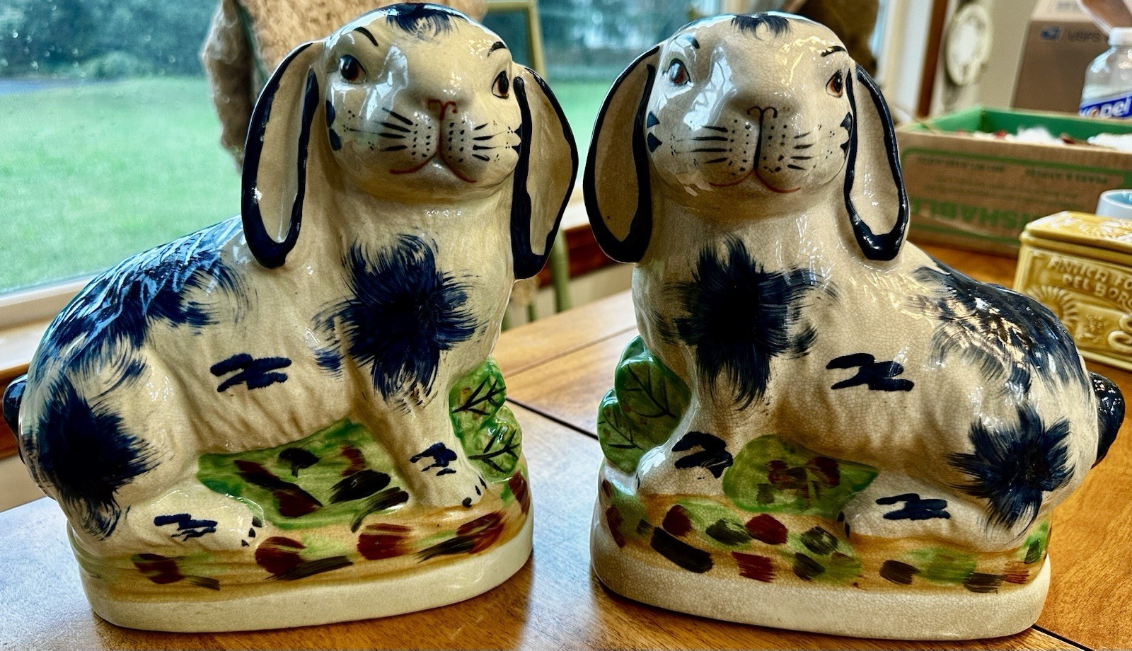Staffordshire Style Ceramic Blue Bunnies/Rabbits Figurines - Pair-8\