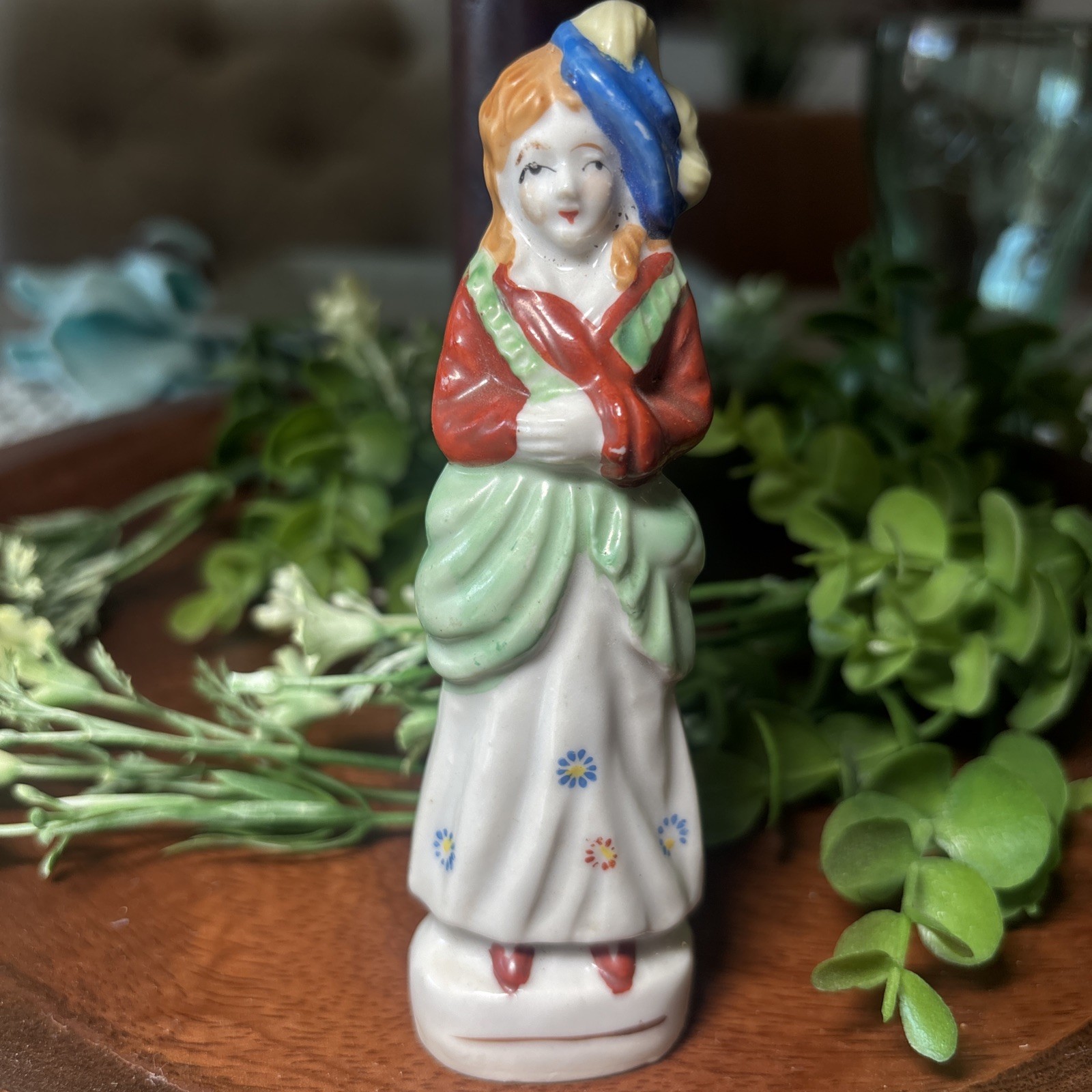 Vintage Victorian Woman Porcelain Japan Occupied Unique Figurine With Blue Hat