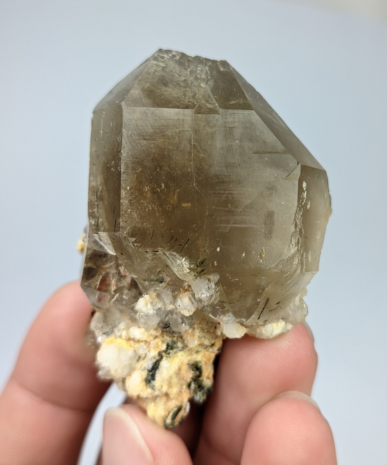 60-gm Rare Aegirine included Smoky Quartz Crystal with Bastnasite-(Ce)