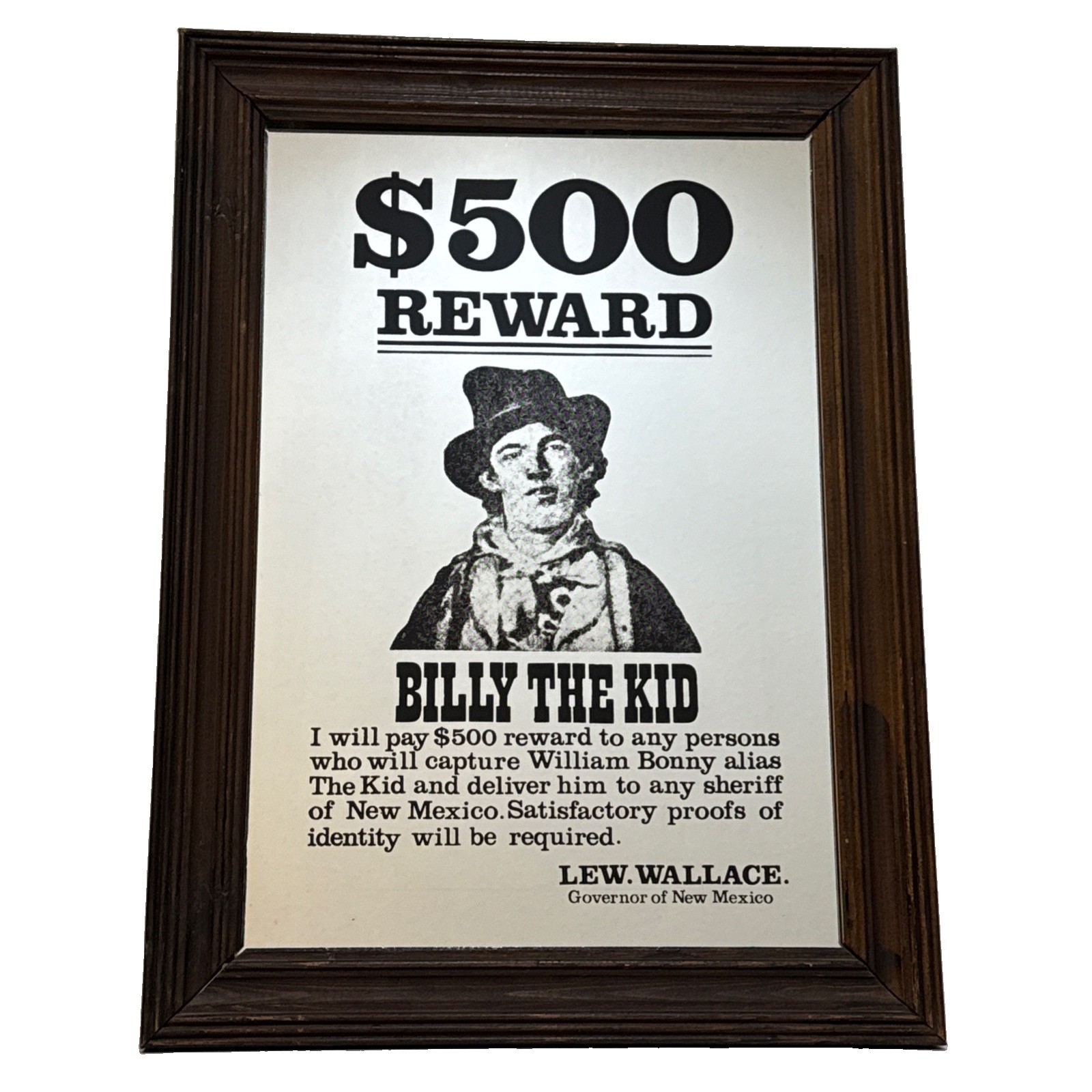 VTG Wanted Poster Billy The Kid $500 Reward Mirror Framed Sign Bar 18.5”x 13.5”