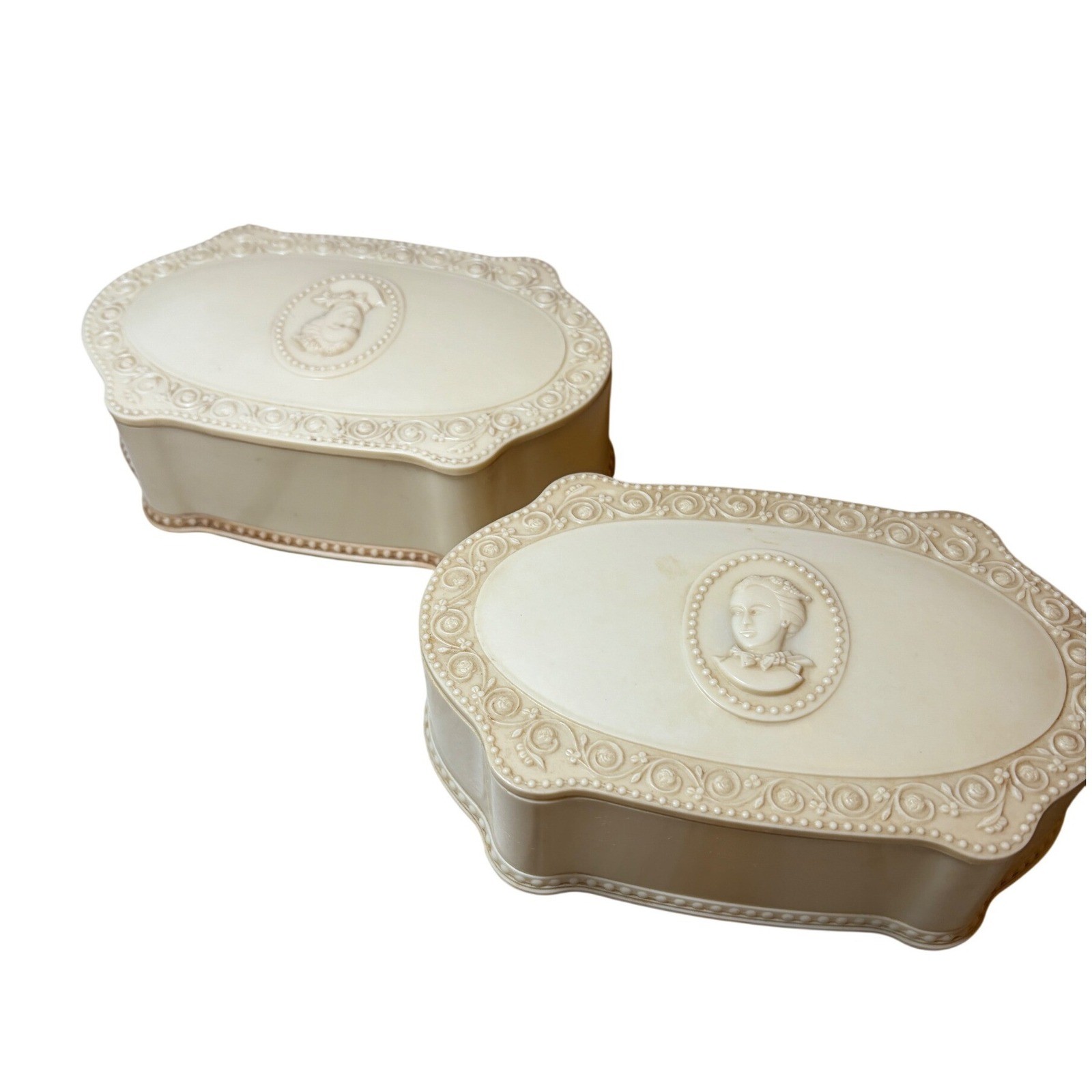 Set (2) Vintage LUXOR Vanity Trinket Dresser Boxes Cameo Design Molded Plastic