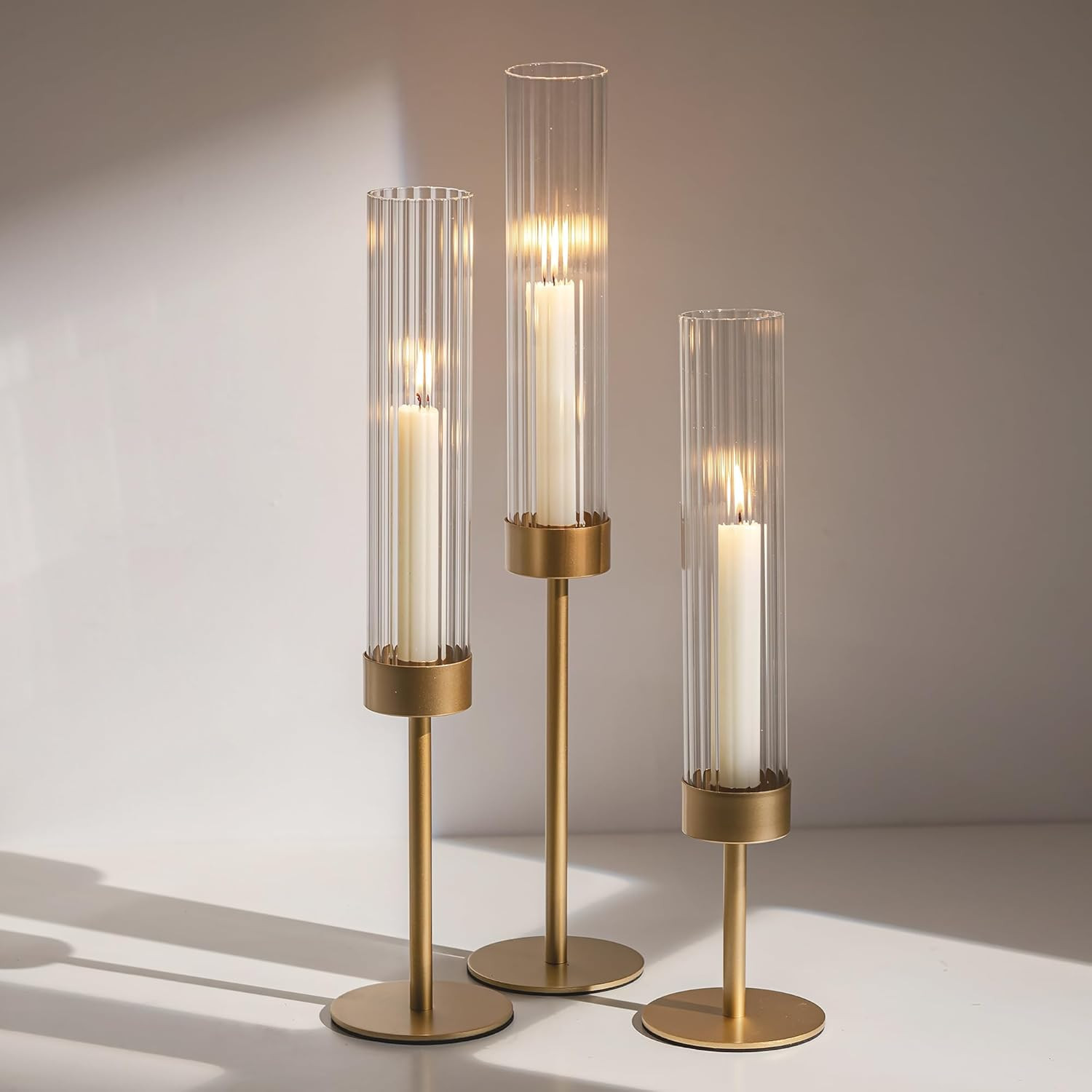 Glasseam Gold Hurricane Taper Candle Holders, 3 Pcs Candlestick with Glass Glasseam Gold Hurricane Taper Candle Holders, 3 Pcs Candlestick with Glass