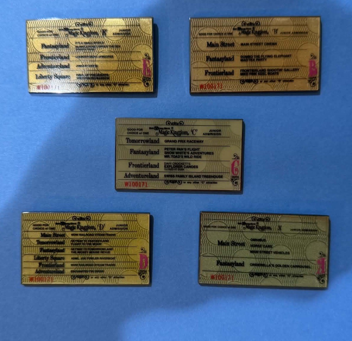 Disney Pin WDW 40th Anniversary Retro Ticket Book Booster Set A B C D E 81877 Disney Pin WDW 40th Anniversary Retro Ticket Book Booster Set A B C D E 81877