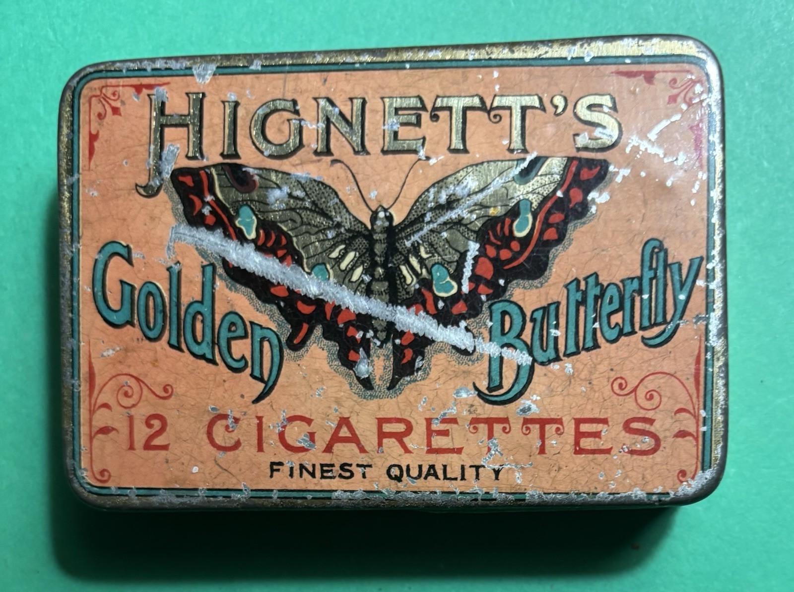 Vintage Early 1900s Hignett\'s Golden Butterfly 12 Cigarettes Tobacco Tin