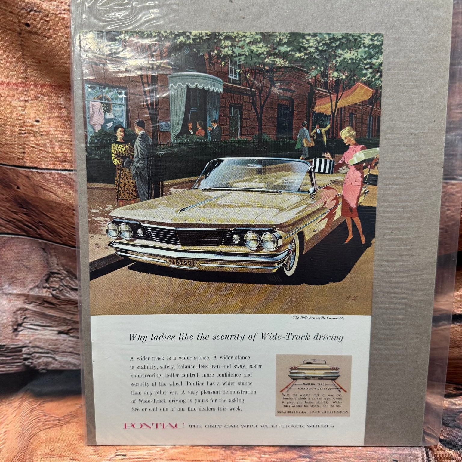 1960 Pontiac Bonneville Convertible Vintage Print Ad Why Ladies Like Wide Track
