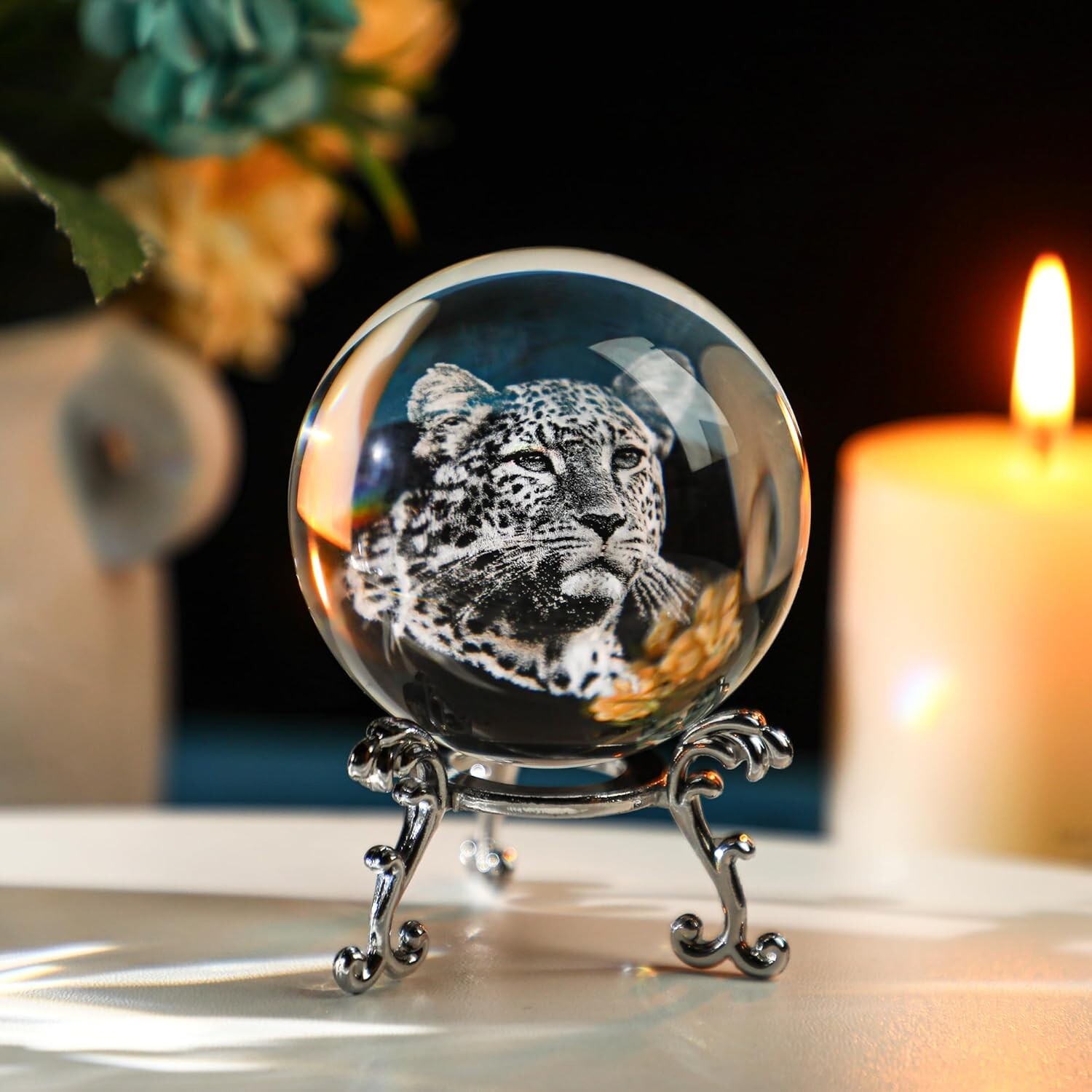ZEERSHEE 2.3 Inch 60mm Cheetah Crystal Ball with Stand 3D Laser
