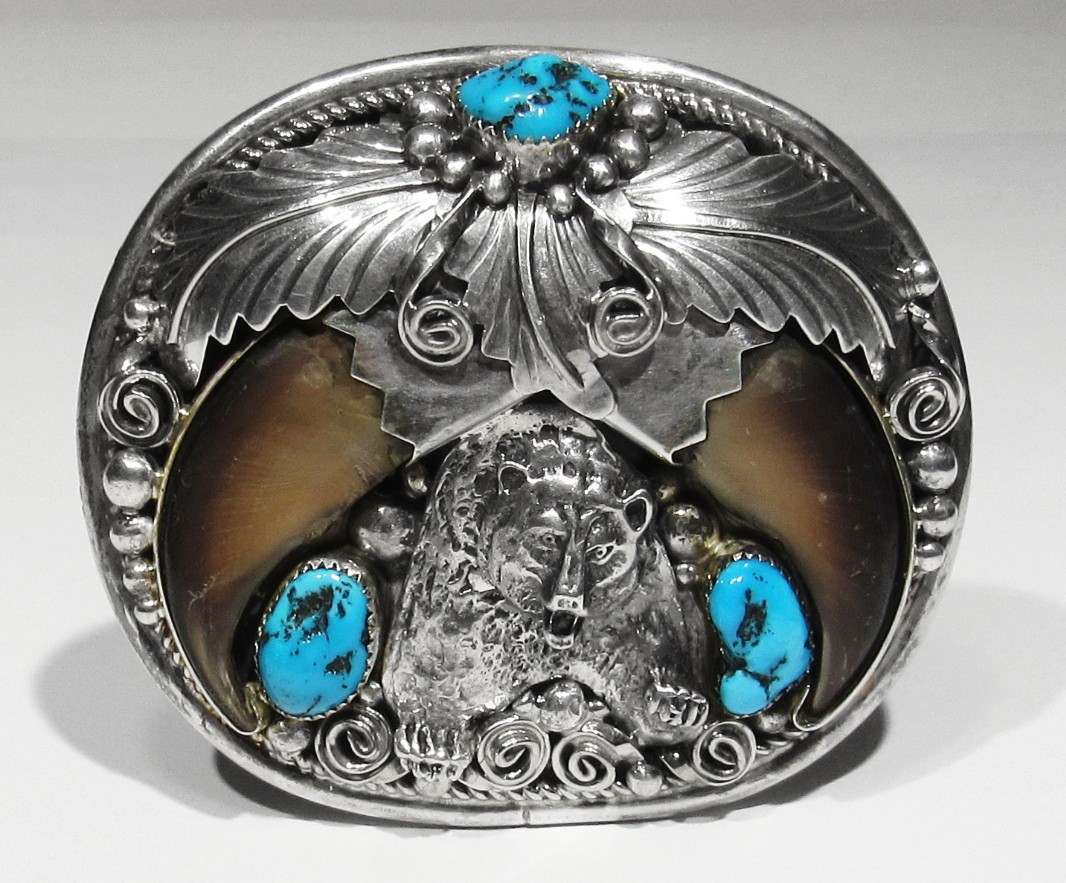 Big Old Signed Navajo 78.8g 925 Silver GEM Turquoise Grizzly Bear Belt Buckle