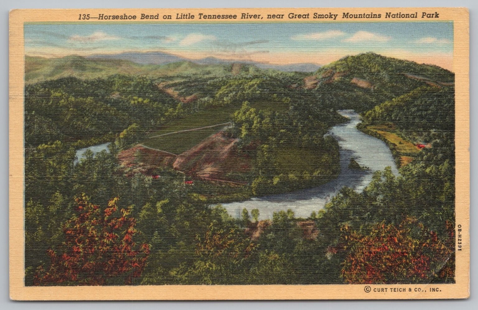 1947 Horseshoe Bend Little Tennessee River Smoky Mts Linen Postcard Foosland IL 1947 Horseshoe Bend Little Tennessee River Smoky Mts Linen Postcard Foosland IL