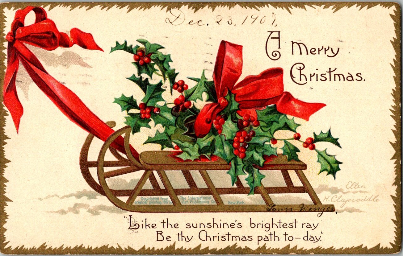 Postcard A Merry Christmas Holly Sled Red Ribbon #51340  A/S Ellen H. Clapsaddle