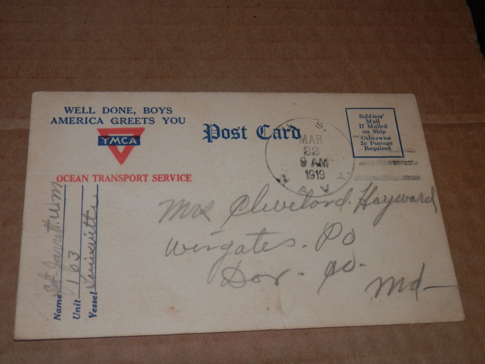 WINGATE MD - MARCH 22 1919 POSTCARD - YMCA PATRIOTIC MILITARY