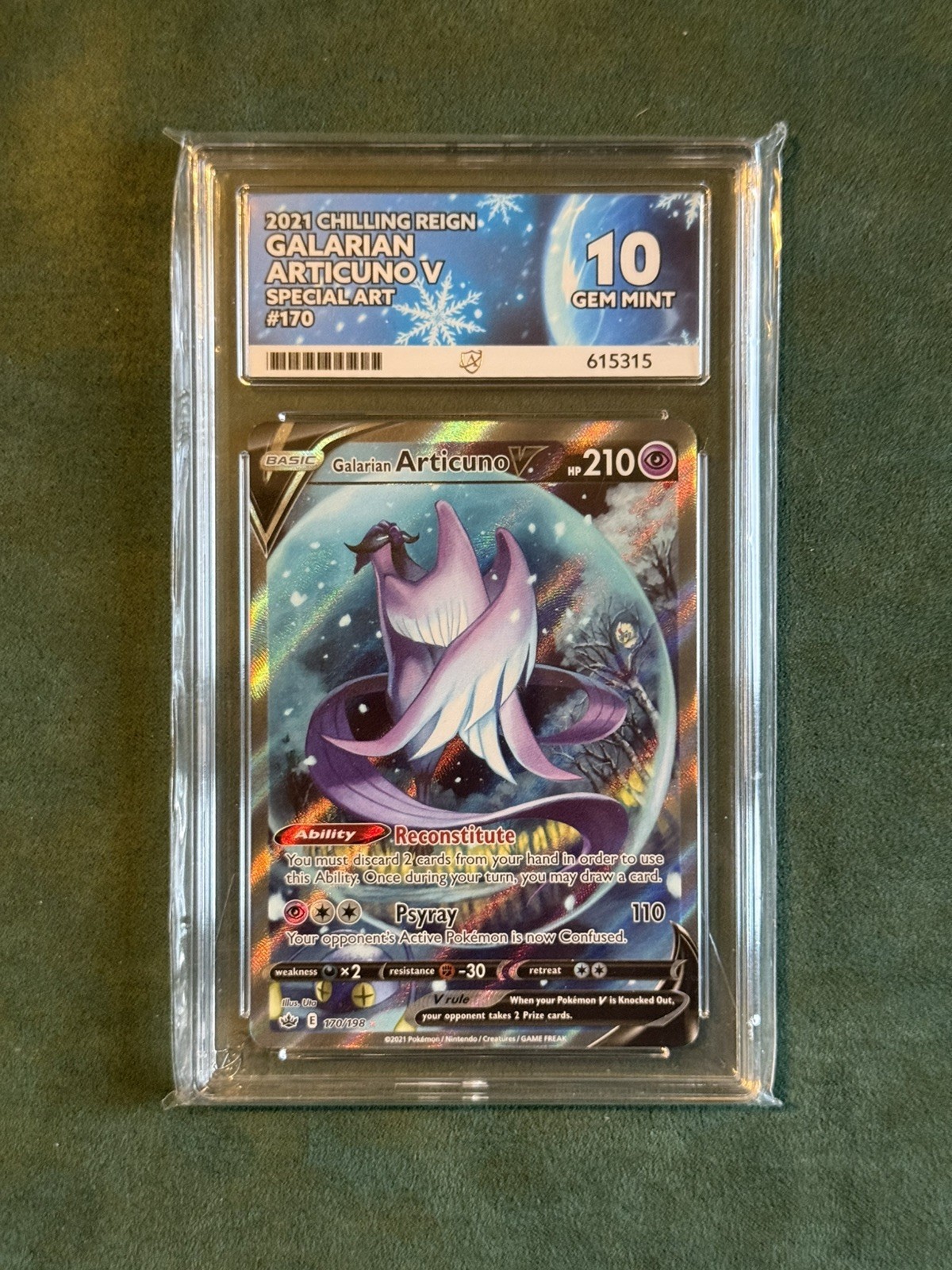 Galarian Articuno V 170/198 Alt Art Chilling Reign ACE 10 Gem Mint Pokemon Galarian Articuno V 170/198 Alt Art Chilling Reign ACE 10 Gem Mint Pokemon