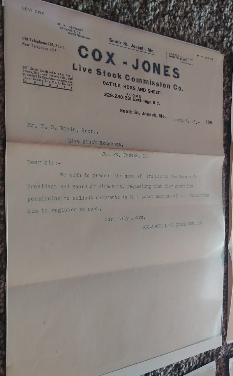 Cox And Jones Livestock Commission letter 1906 Cox And Jones Livestock Commission letter 1906