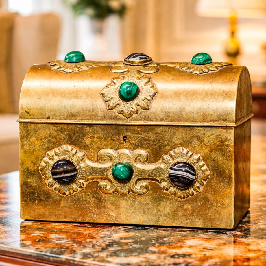 Stunning Cabochon Gemstone Antique Victorian Domed Brass Metal Desk Casket Box Stunning Cabochon Gemstone Antique Victorian Domed Brass Metal Desk Casket Box