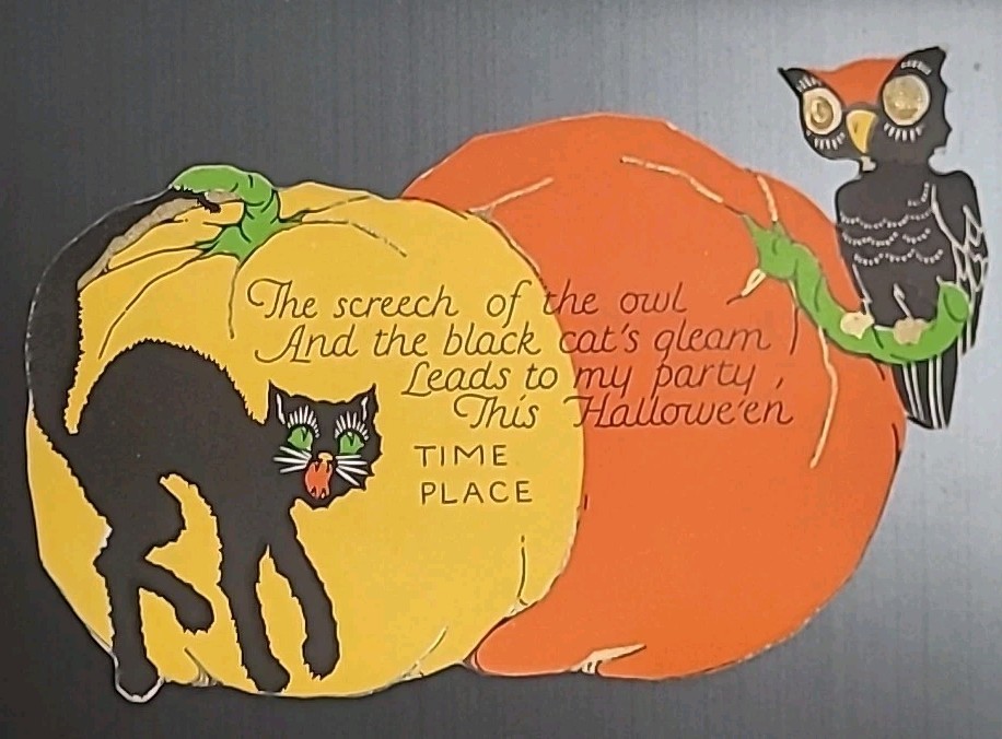 Vintage Halloween Invitation 1930s Beistle Postcard Black Cat Owl Pumpkin