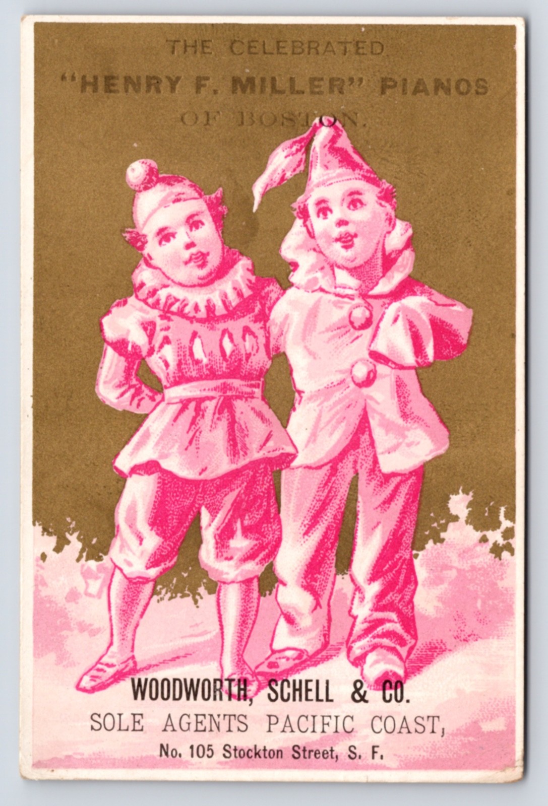 c1882-1884 Woodworth Schell & Co Henry F. Miller Pianos SF Trade Card Boston c1882-1884 Woodworth Schell & Co Henry F. Miller Pianos SF Trade Card Boston