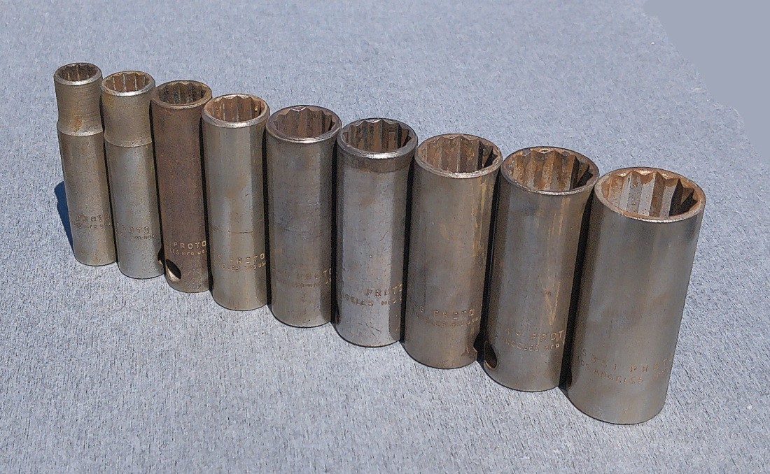 Vintage 1949-56 PROTO Tools LOS ANGELES 1/2 inch drive 9 Piece Deep Socket Set Vintage 1949-56 PROTO Tools LOS ANGELES 1/2 inch drive 9 Piece Deep Socket Set