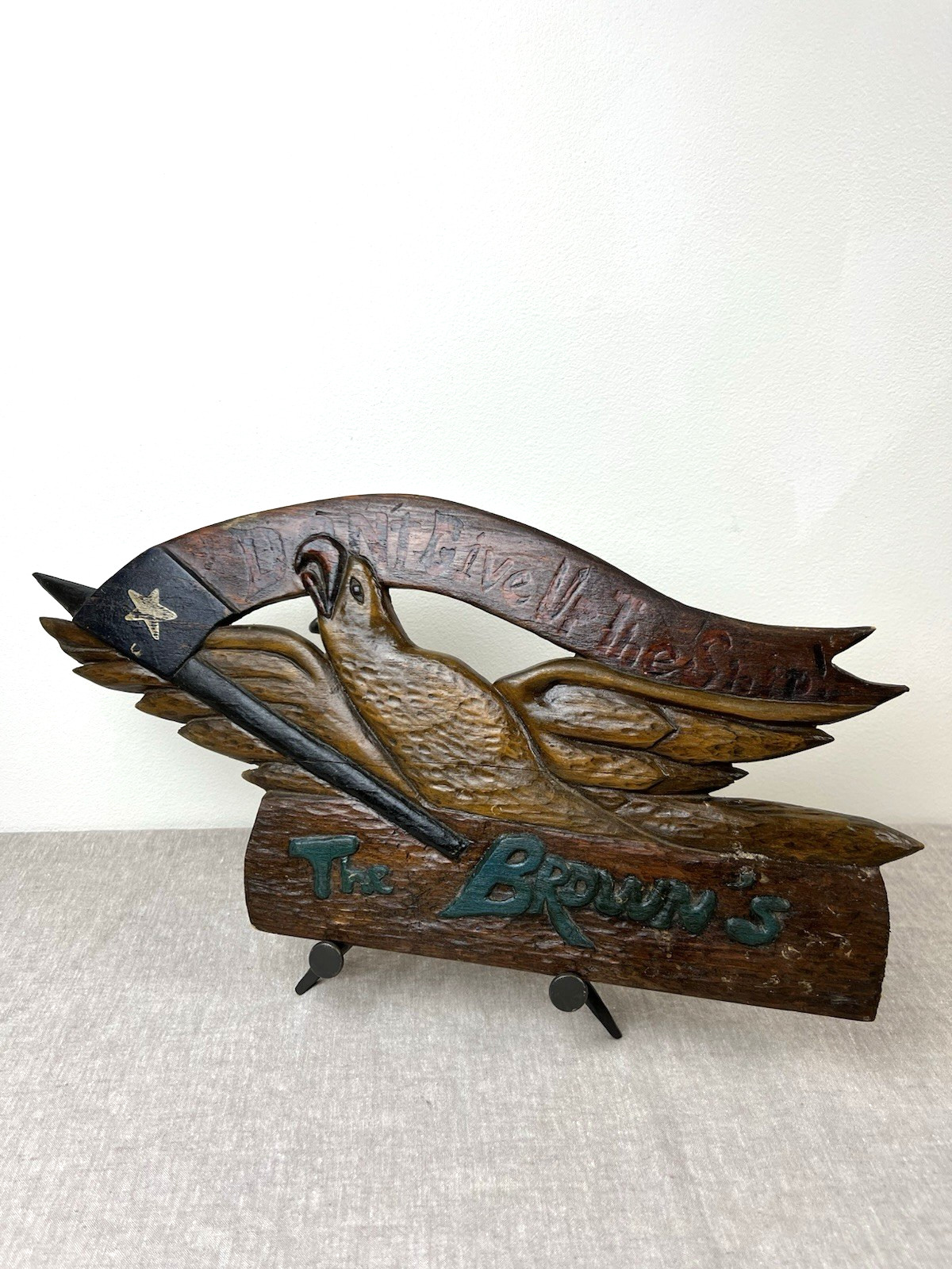 Vtg Carved Folk Art Wood Eagle Plaque Sign Don\'t Give Up Ship 21\