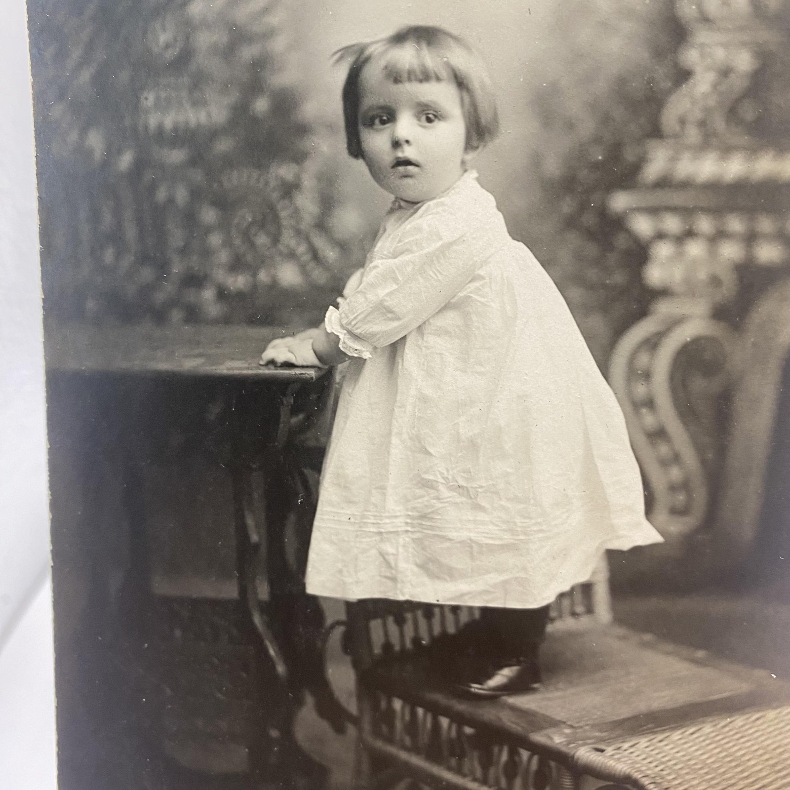 Vintage C1910s Child White Dress Wicker Bench RPPC Real Photo Postcard 3.5x5.5