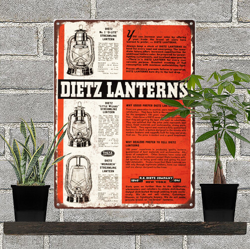 1941 Dietz Lantern Monarch Wizard Mancave Metal Sign Repro 9x12\