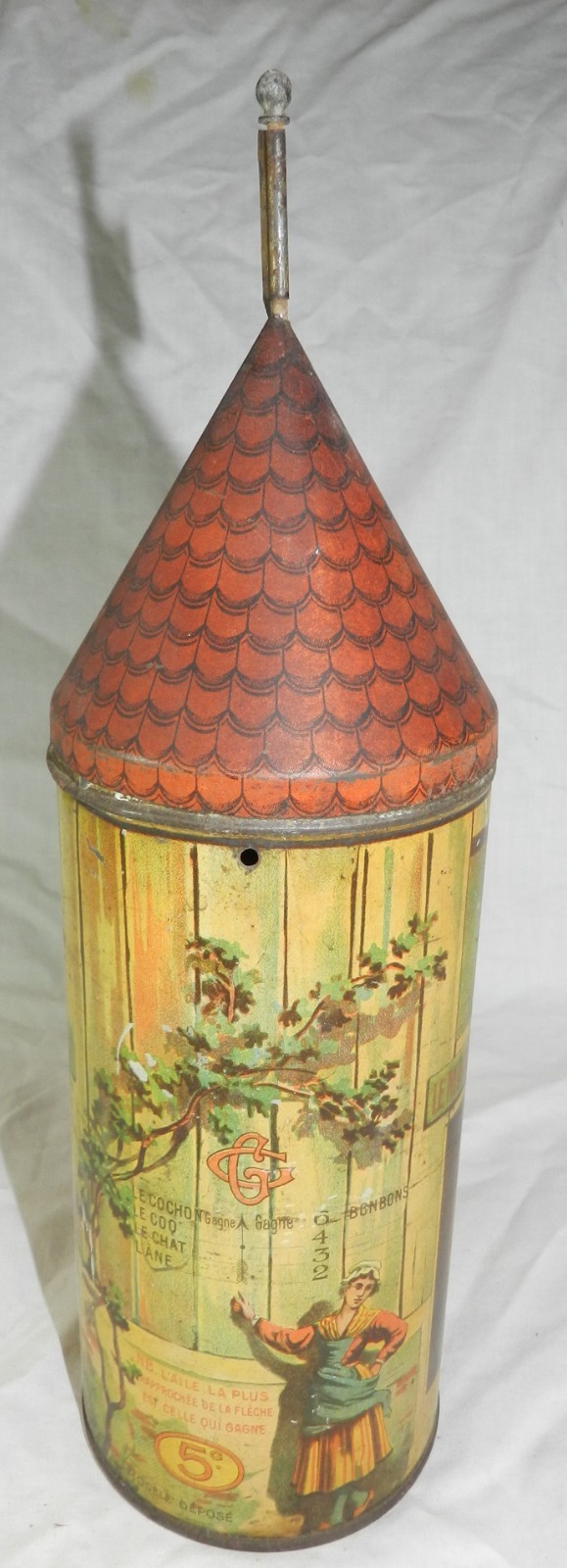 Vintage Le Moulin de la Galette Cany tin Shaped like a Turret -about 12.75