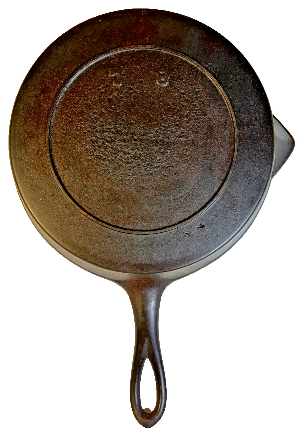 Early American gate-marked skillet single spout heat ring fancy handle c1870s
