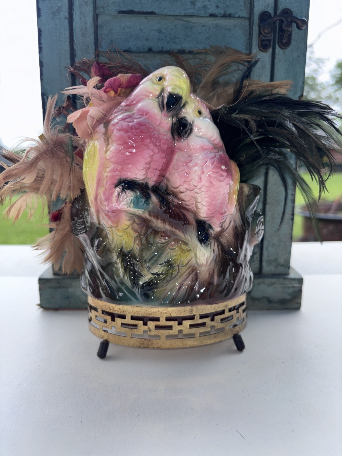 Vintage Maddux of California Lovebirds Planter #333 Pink Parrots MCM Brass Base Vintage Maddux of California Lovebirds Planter #333 Pink Parrots MCM Brass Base