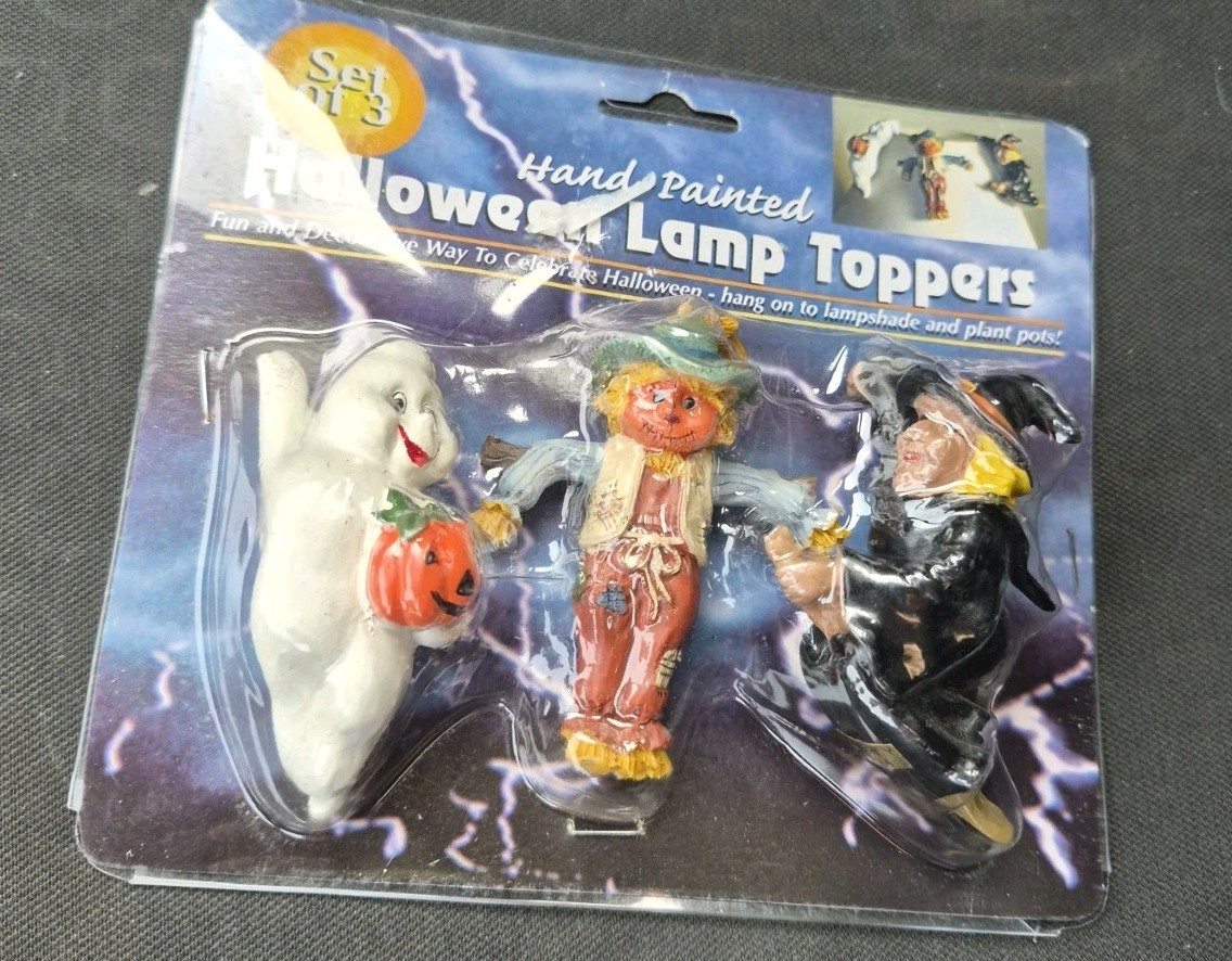 Set Of 3 Vintage Hand-Painted Halloween Lamp Toppers - NIB Set Of 3 Vintage Hand-Painted Halloween Lamp Toppers - NIB
