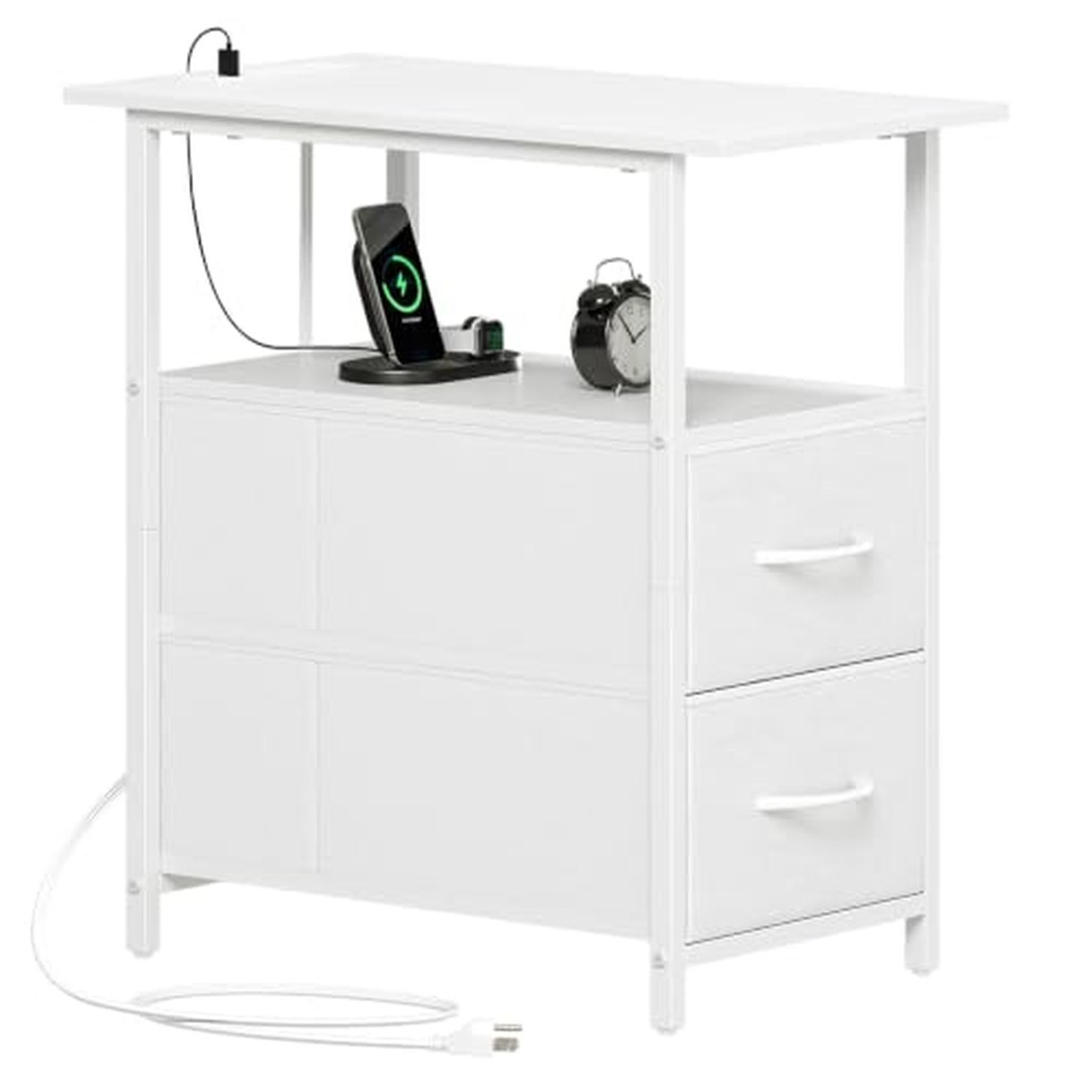 Somdot Narrow End Table with Charging Station, 2 Drawers, Slim Side Table White Somdot Narrow End Table with Charging Station, 2 Drawers, Slim Side Table White