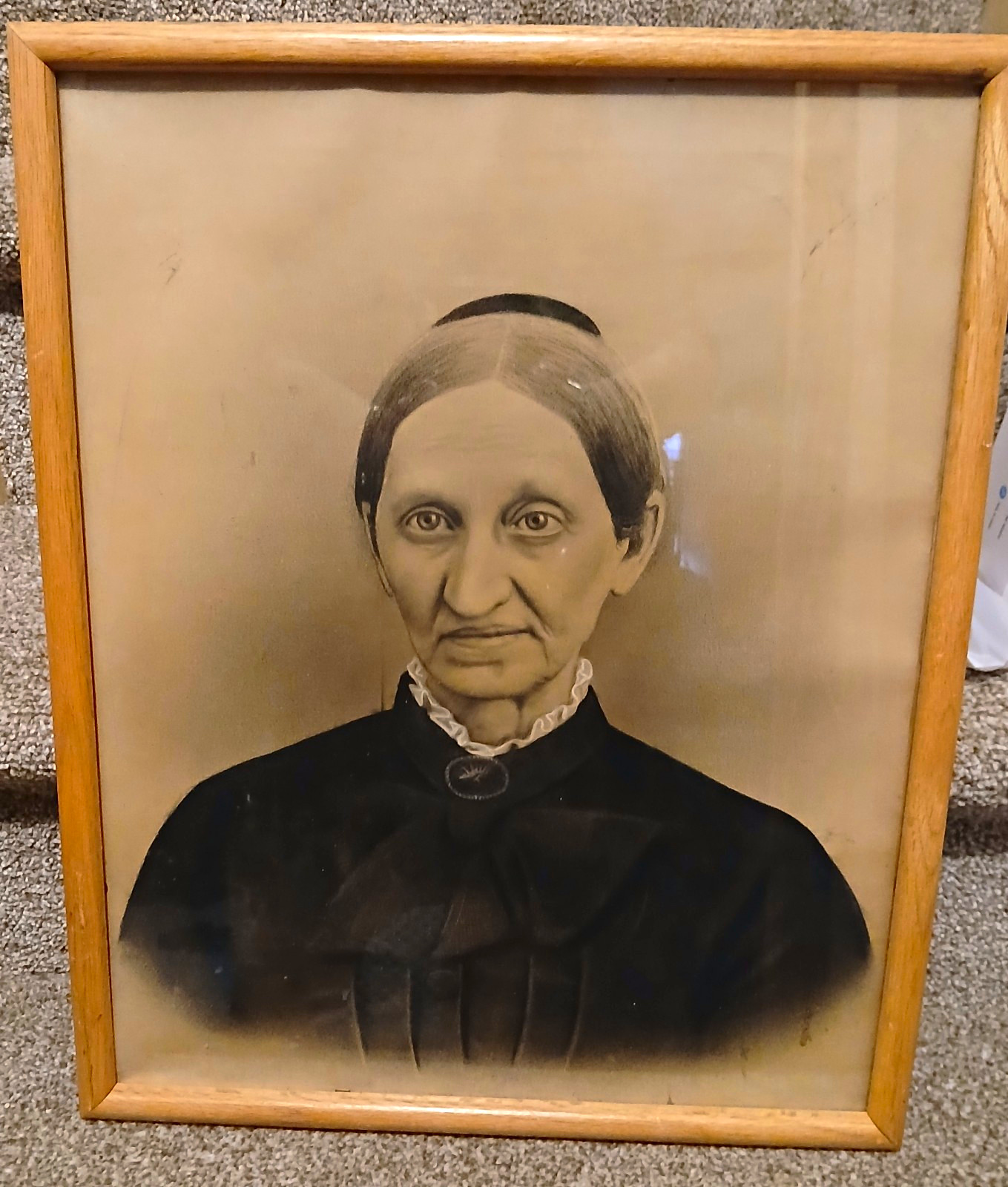 Framed Vintage Black & White Portrait Drawing of Woman, Portrait Orientation