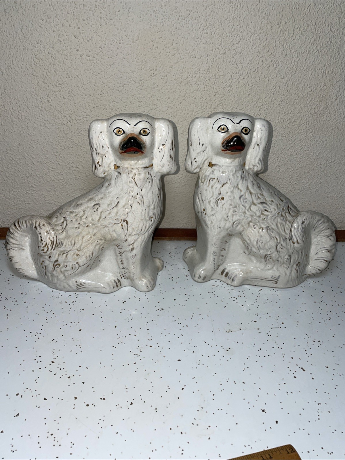 Pair Antique 19th C White English Staffordshire Spaniel Mantle Dog Pair 8.5”