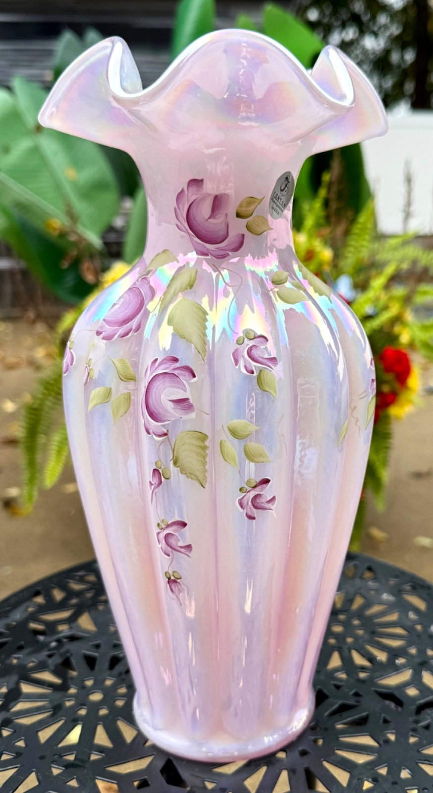 VHTF Fenton***IRIDIZED SHELL PINK OVERLAY HP ROSES MELON VASE****1988..Stunning