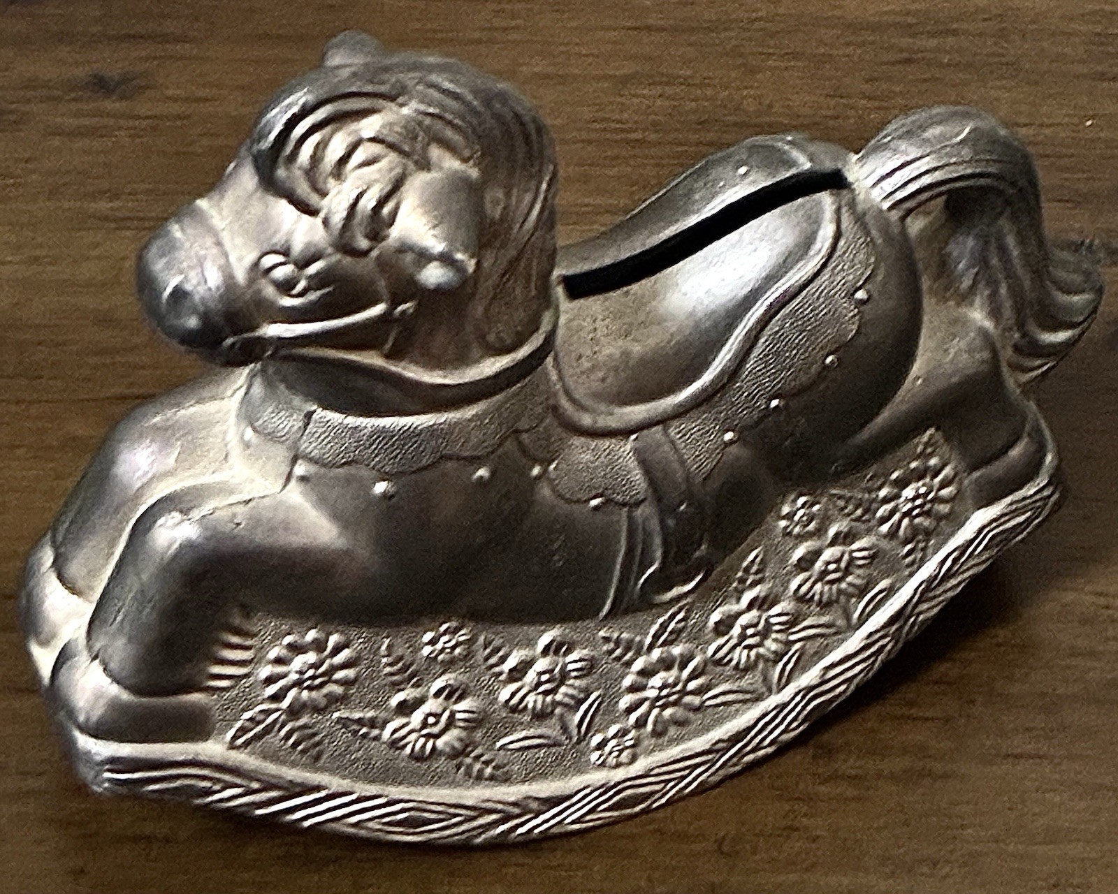 Vtg Leonard Silver Plate Rocking Horse Coin Piggy Bank 1970s Nursery Baby Gift