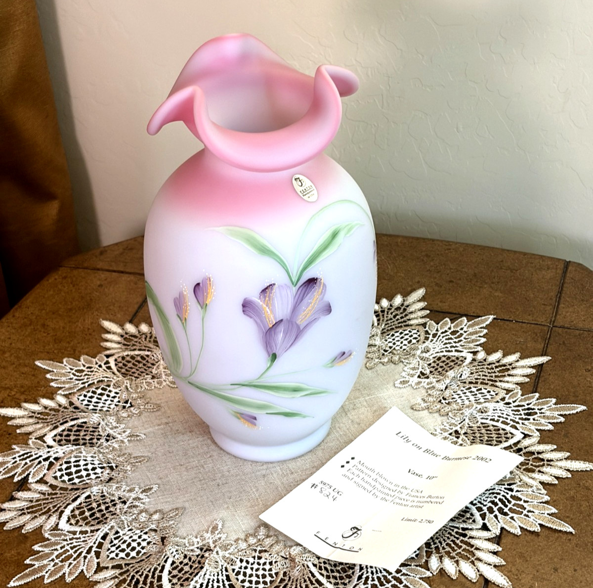 HTF FENTON Glass Lily On Blue Burmese Vase Signed LE#824/2750  w/COA
