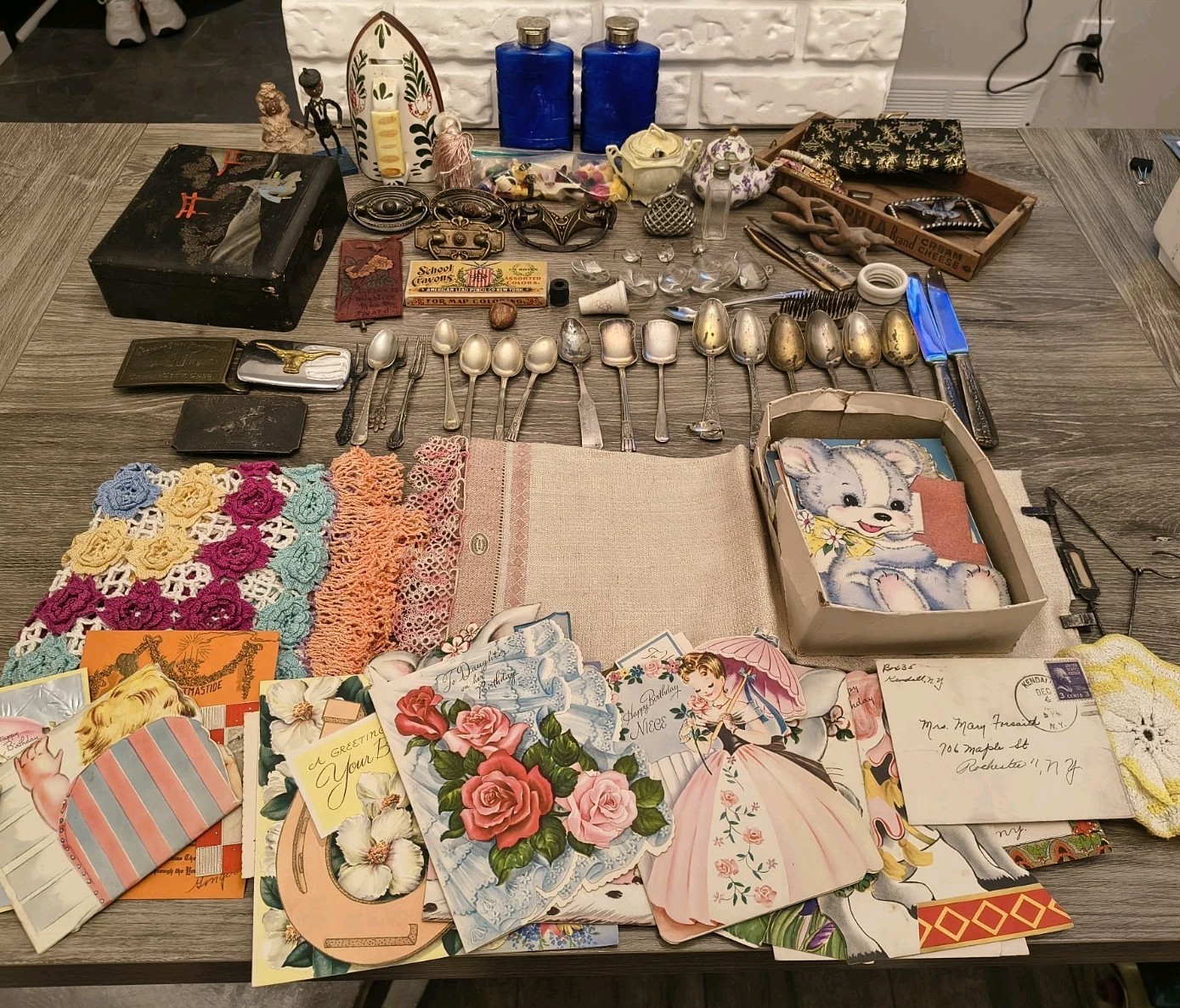 Estate Box Lot Vinatge Collectibles Smalls Junk Drawer greeting Cards and more Estate Box Lot Vinatge Collectibles Smalls Junk Drawer greeting Cards and more