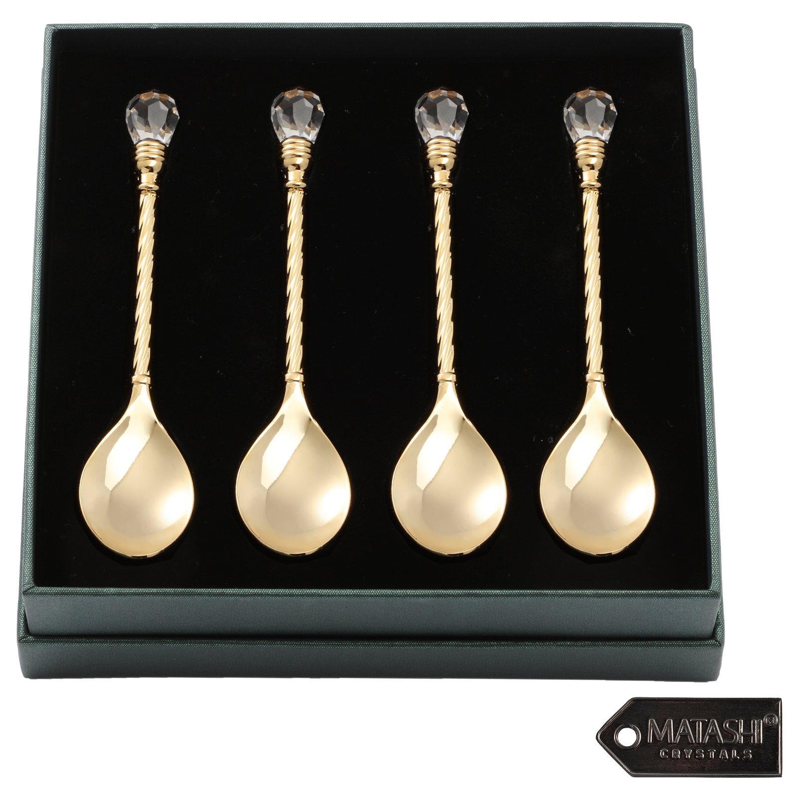 (QTY 4)Matashi 24K Gold Plated Crystal Topped Dessert Spoon for Dinner Party (QTY 4)Matashi 24K Gold Plated Crystal Topped Dessert Spoon for Dinner Party