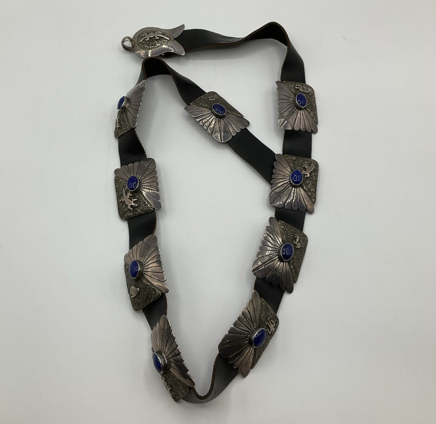 Foster Yazzie IHMSS Sterling Silver & Lapis Lazuli Concho Leather Belt 39 Foster Yazzie IHMSS Sterling Silver & Lapis Lazuli Concho Leather Belt 39