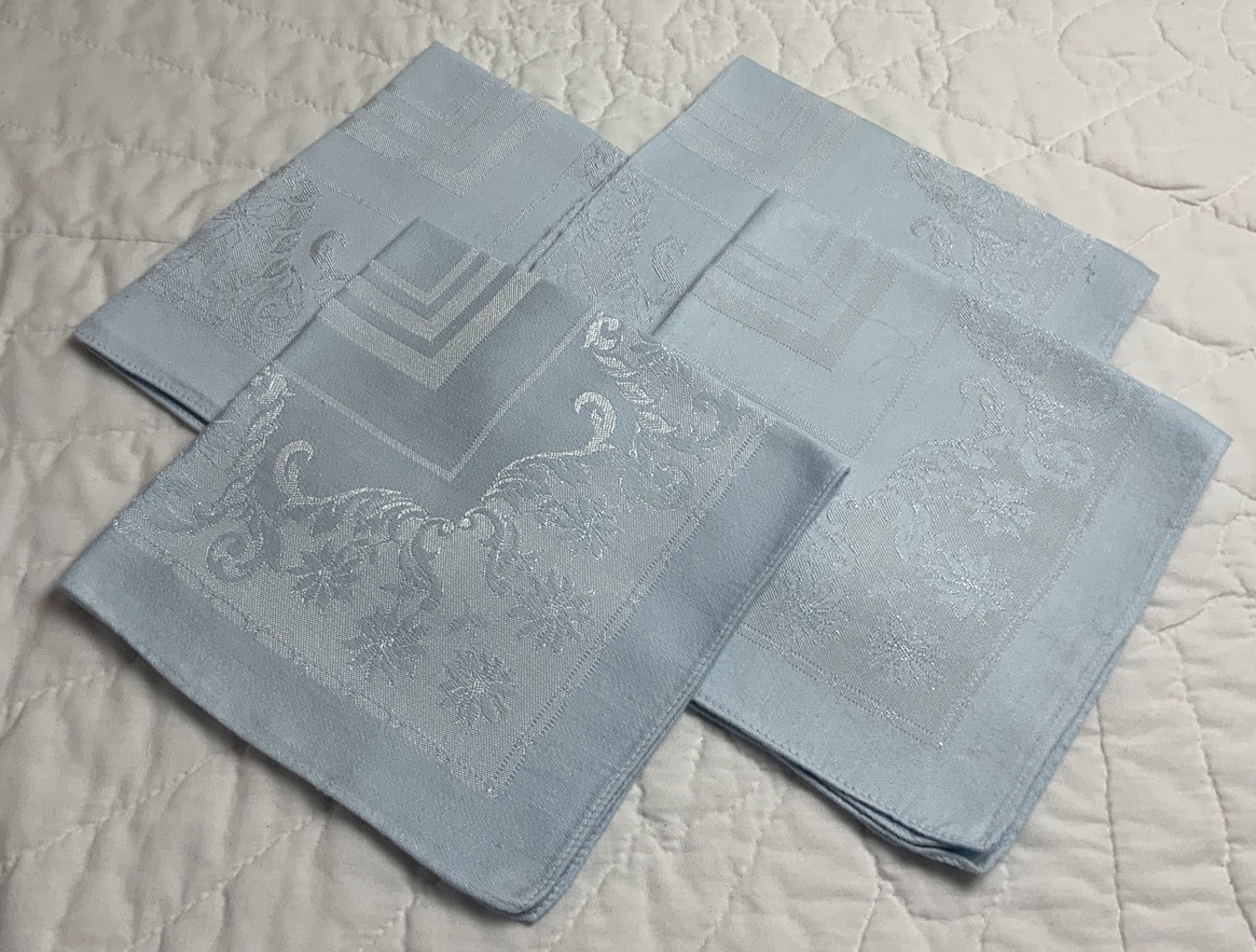 Four Vintage Dinner Napkins, Blue, Woven Floral Design, Rayon & Cotton Four Vintage Dinner Napkins, Blue, Woven Floral Design, Rayon & Cotton