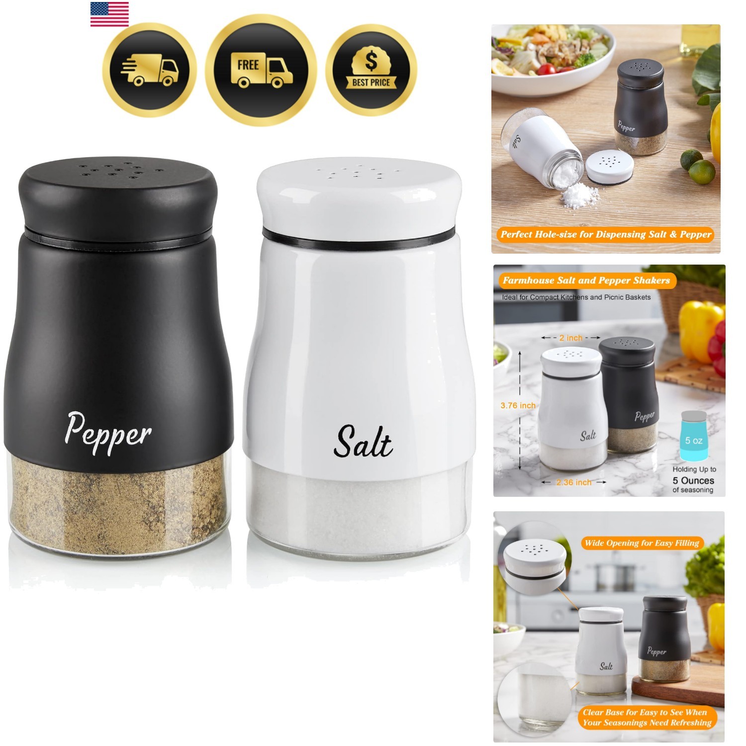 Salt and Pepper Shakers Set Kitchen Decor Modern Glass Dispenser 5oz Salt and Pepper Shakers Set Kitchen Decor Modern Glass Dispenser 5oz