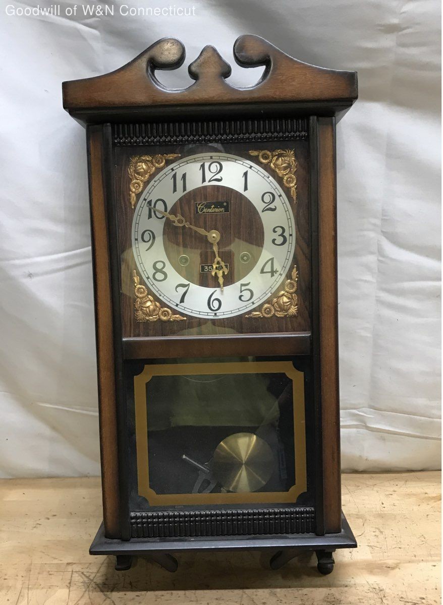 Centurion 35-Day Wall Clock Wood Case Pendulum Chimes With Key Vintage